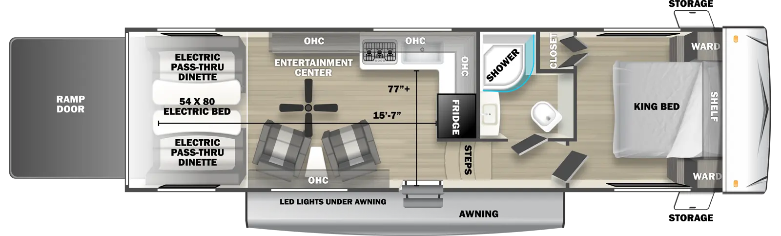 The 2710RLX fifth wheel has no slide outs, 1 entry door and 1 rear ramp door. Exterior features include an awning with LED lights and front opposing side storage access. Interior layout from front to back includes front bedroom with foot-facing King bed, shelf over the bed, front corner wardrobes and front facing closet; off-door side bathroom with radius shower, toilet and single sink vanity; 3 steps down into the kitchen area with off-door side L-shaped countertop, stovetop, L-Shaped overhead cabinets, sink and rear facing refrigerator; 2 door side recliners with end table; ceiling fan; off-door side entertainment center with overhead cabinet; and rear 54 x 80 electric bed over electric pass-through dinette. Cargo length from rear of unit to refrigerator is 15 ft. 7 in. Cargo width from countertop to door side wall is 77 inches.